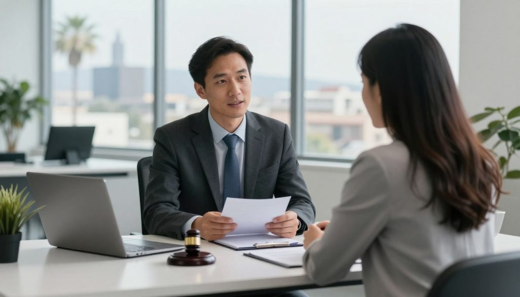 Abogado de inmigración en California consultando con cliente sobre defensa contra deportación