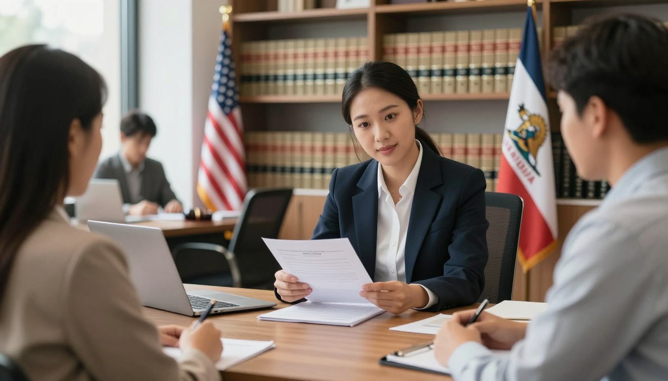 Abogado de inmigración en California revisando documentos legales en oficina profesional