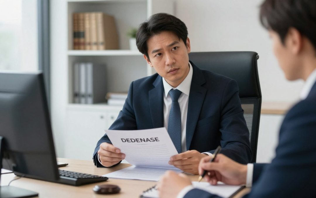 Abogado de inmigración revisando documentos de defensa contra la deportación en oficina legal