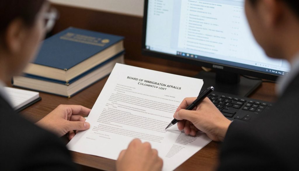 Abogado preparando documentos de apelación ante la Junta de Apelaciones de Inmigración