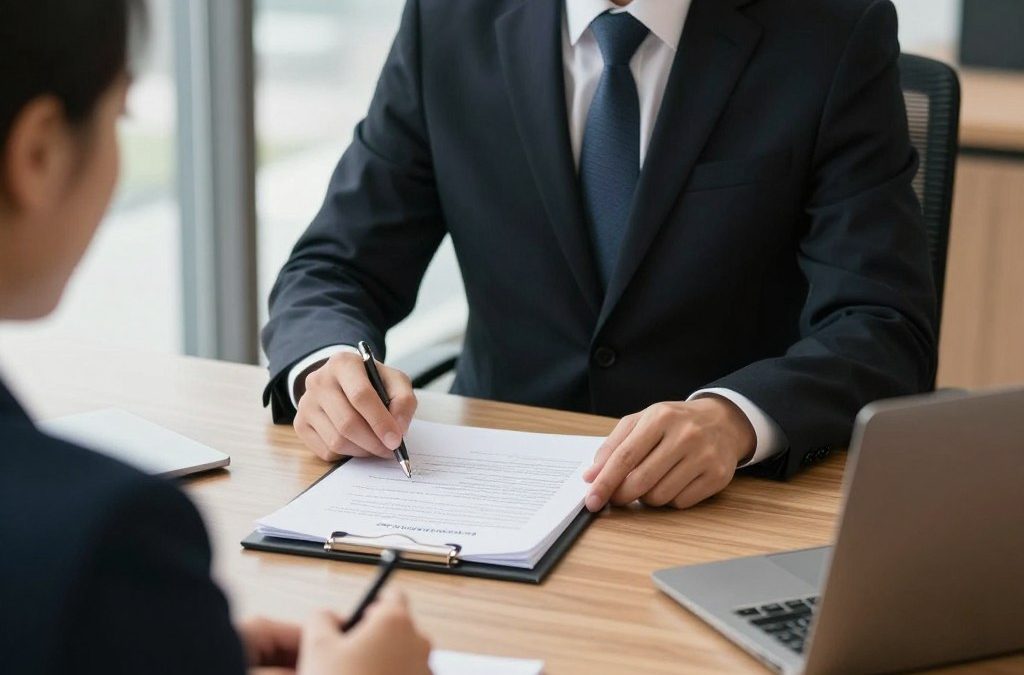 Abogado revisando documentos de servicios de inmigración con cliente
