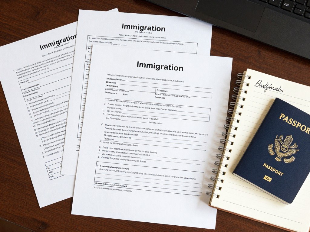 Documentos de inmigración incluyendo formularios de USCIS y visas en escritorio de abogado en California