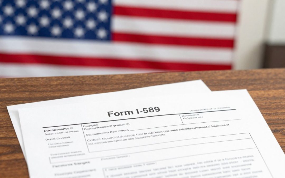 Documentos de solicitud de asilo en escritorio con bandera estadounidense