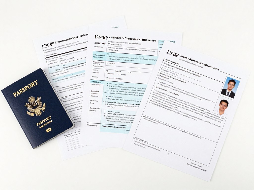 Documentos de solicitud de visas organizados con pasaporte y formularios oficiales