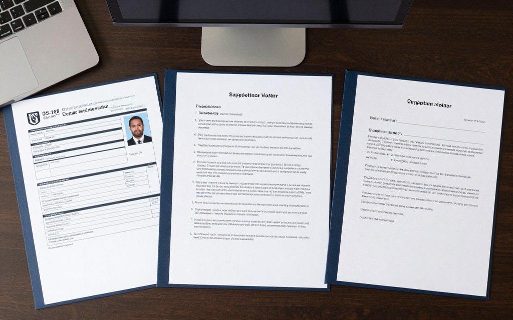 Documentos de visa organizados incluyendo formulario DS-160 y comprobantes financieros