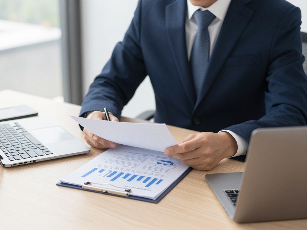 Empresario revisando documentos de inversión y plan de negocios