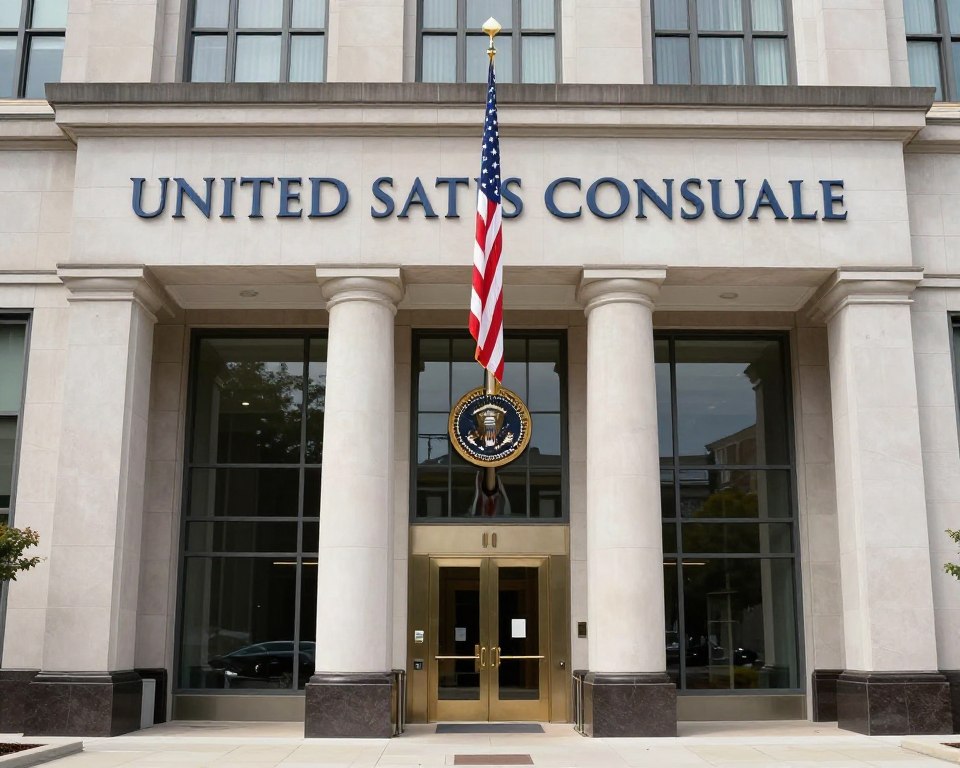Entrada del consulado estadounidense con bandera de Estados Unidos