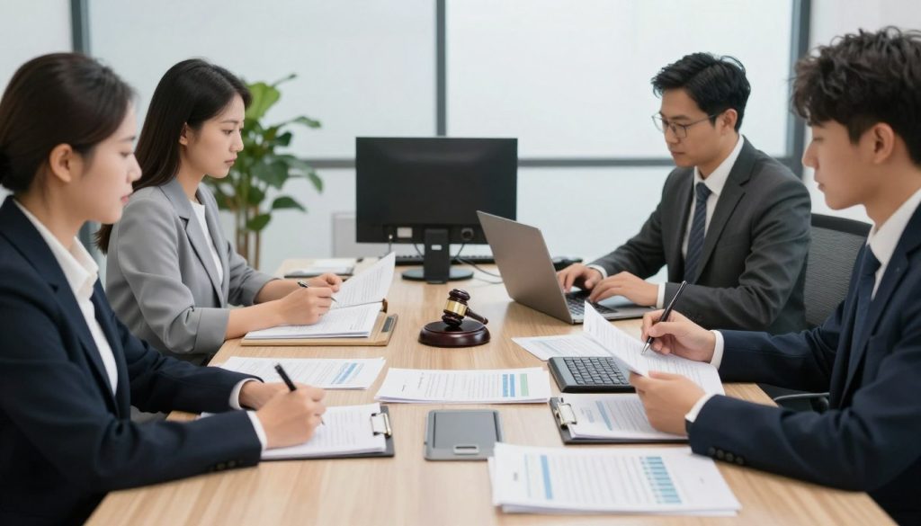 Equipo legal preparando estrategia de defensa contra la deportación con documentos y computadoras
