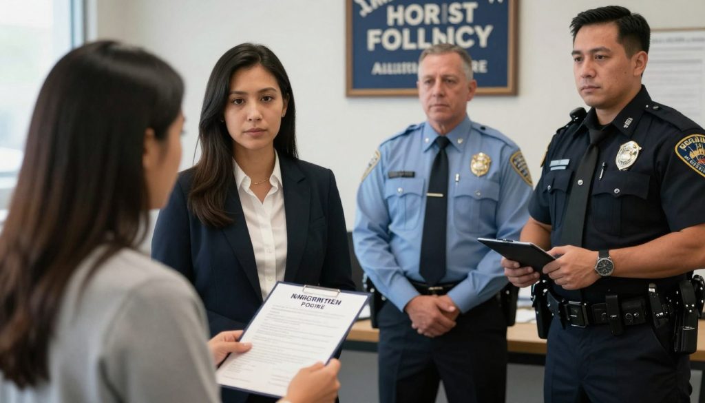 Extranjero presentando documentos de inmigración a oficiales en California con representación legal