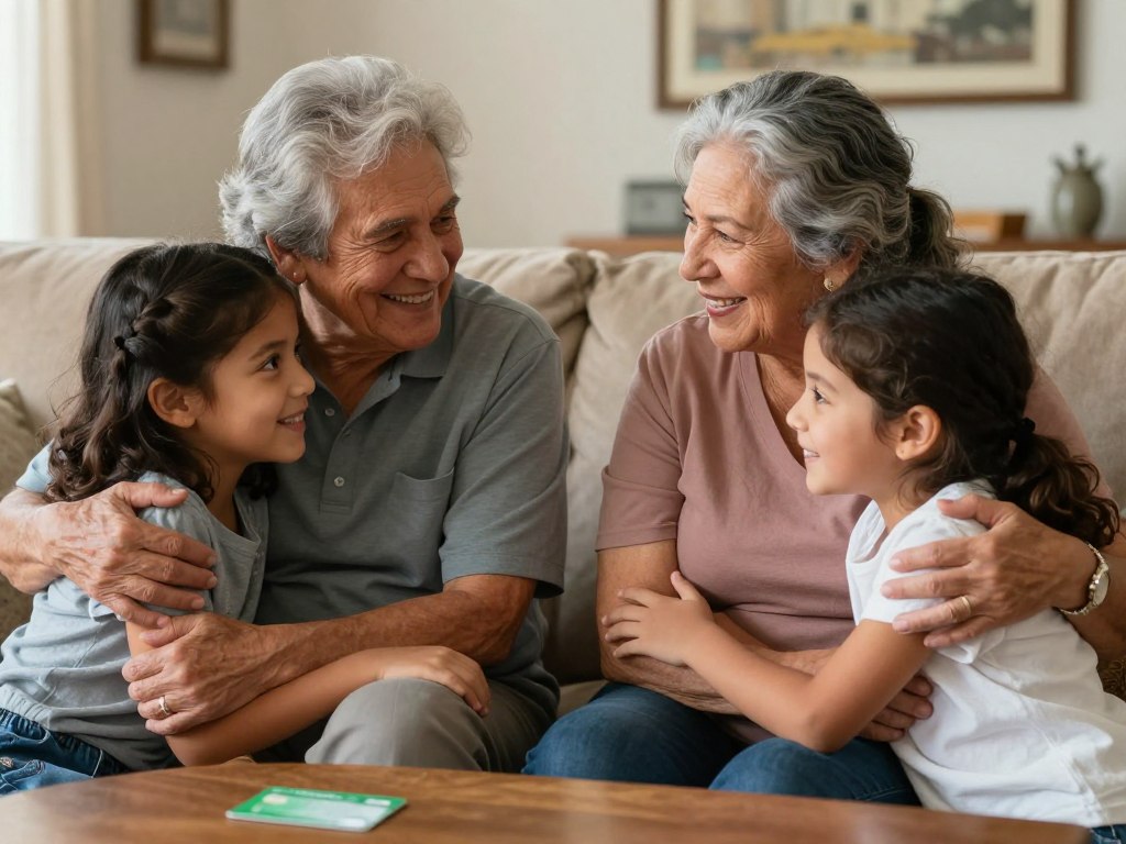 Familia hispana reunida después de aprobación de petición familiar para padres Familia hispana reunida después de aprobación de petición familiar para padres