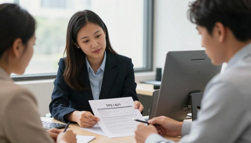 Immigration attorney helping client complete TPS initial registration forms