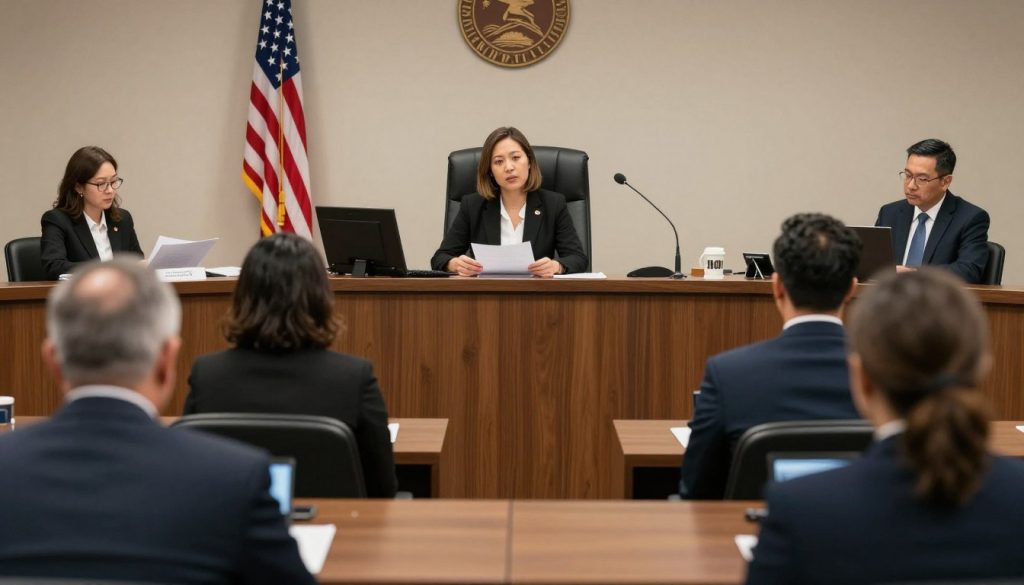 Interior de corte de inmigración en California durante procedimiento legal con abogado de inmigración