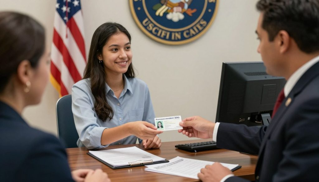 Joven beneficiario de petición familiar recibiendo tarjeta verde en oficina de USCIS Joven beneficiario de petición familiar recibiendo tarjeta verde en oficina de USCIS