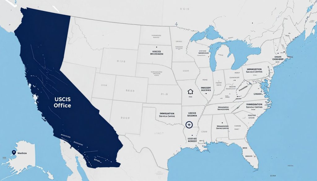 Mapa de California mostrando ubicaciones de oficinas de USCIS y consulados relevantes Mapa de California mostrando ubicaciones de oficinas de USCIS y consulados relevantes