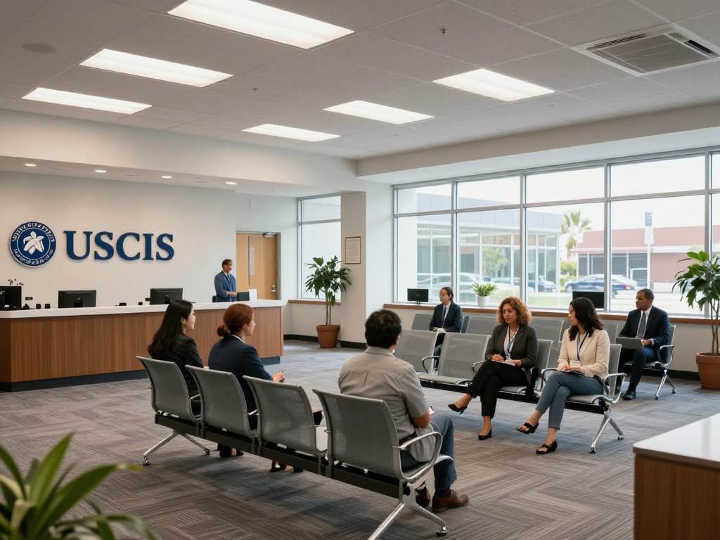 Oficina de USCIS en California con personas esperando
