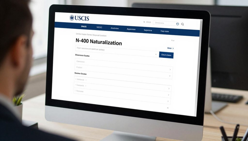 Pantalla de computadora mostrando portal en línea de USCIS para presentación de Formulario N-400