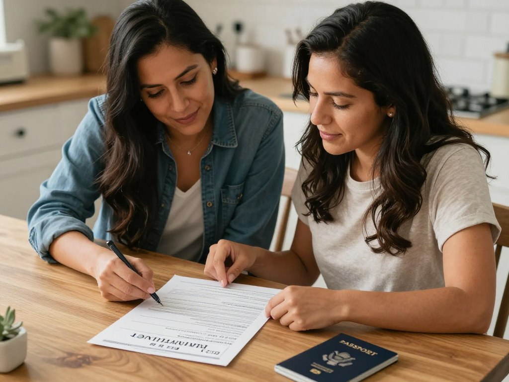 Pareja revisando documentos de naturalización para cónyuge de ciudadano estadounidense