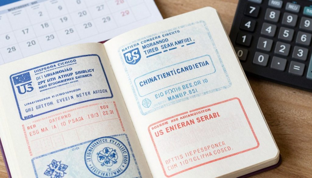 Pasaporte con sellos de entrada y salida de Estados Unidos para cálculo de presencia física