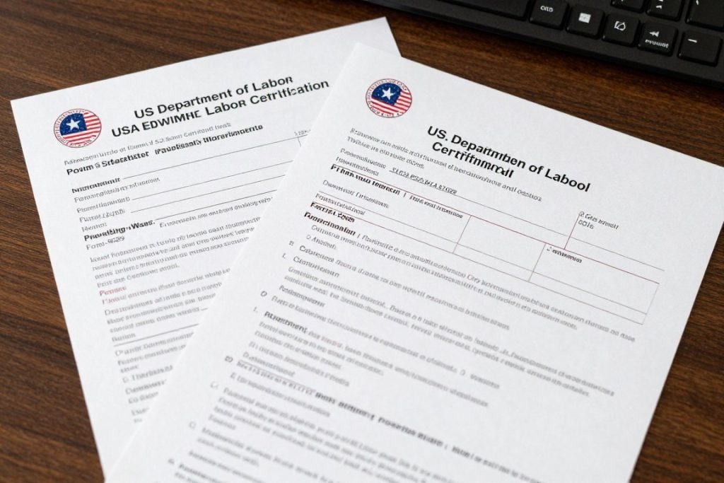 Proceso de certificación laboral PERM con documentos del Departamento del Trabajo
