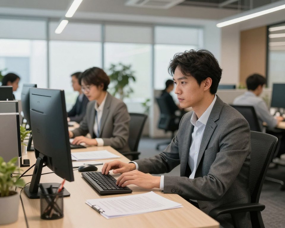 Profesional trabajando en oficina corporativa estadounidense con visa de trabajo