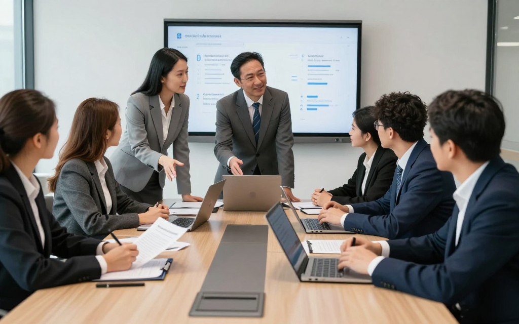 Reunión de negocios internacional en sala de conferencias corporativa