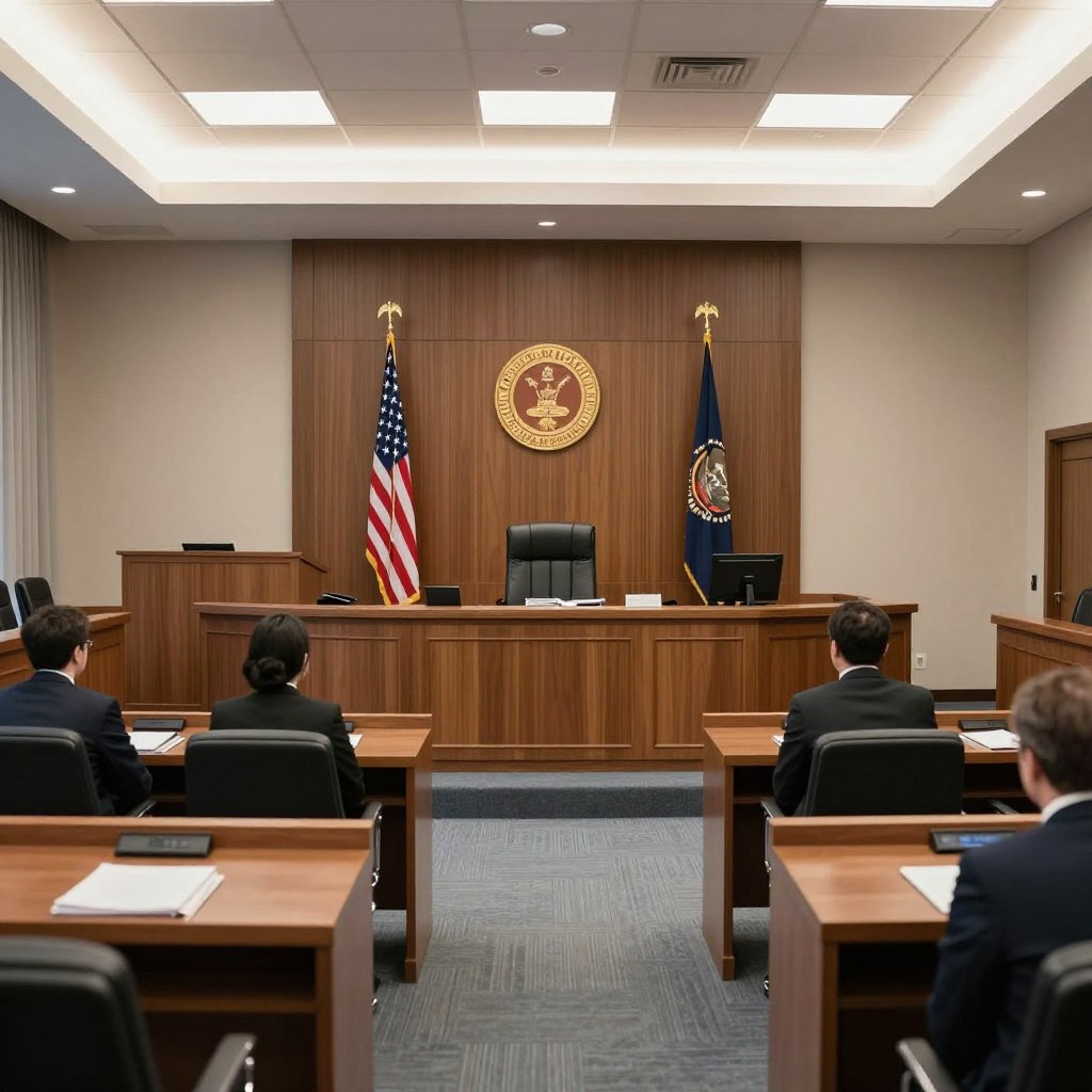 Sala de audiencias de corte de inmigración con juez y área de representación legal
