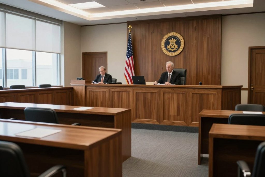 Sala de audiencias de corte de inmigración en California con bandera americana