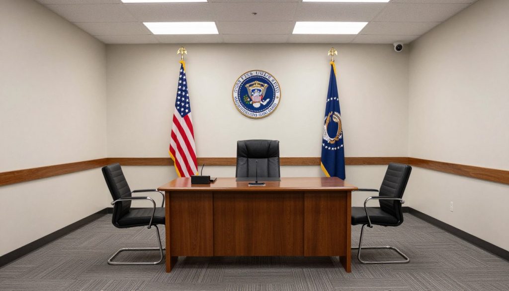 Sala de entrevistas de USCIS preparada para entrevista de naturalización