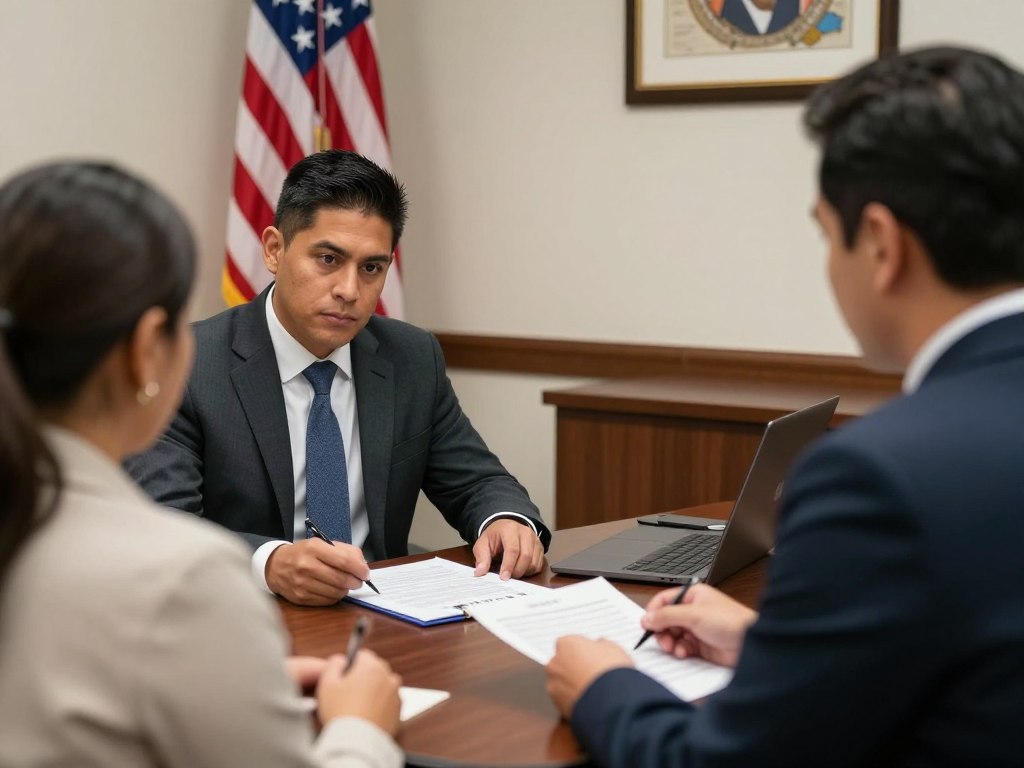 Solicitante de naturalización durante entrevista con oficial de USCIS