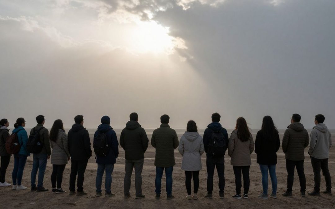 Diverse group looking towards a hopeful horizon.