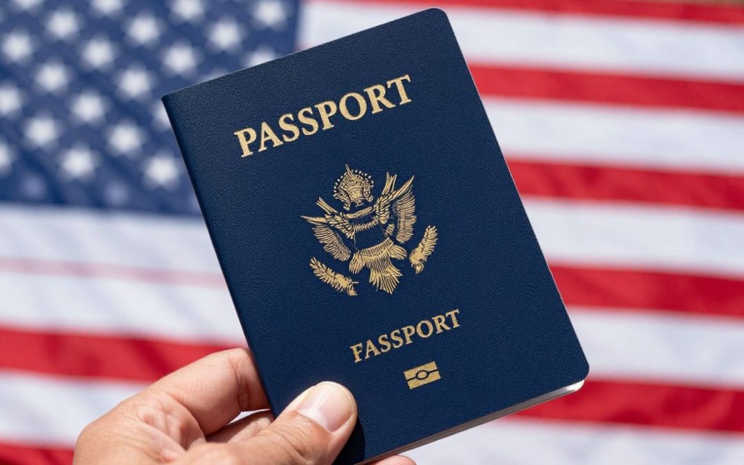 US passport held in hand with American flag background.