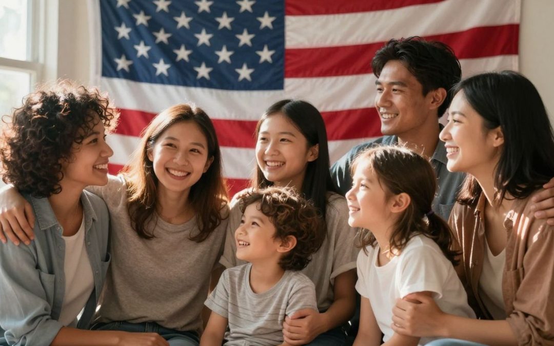 Family reuniting, immigration, hope, American flag.