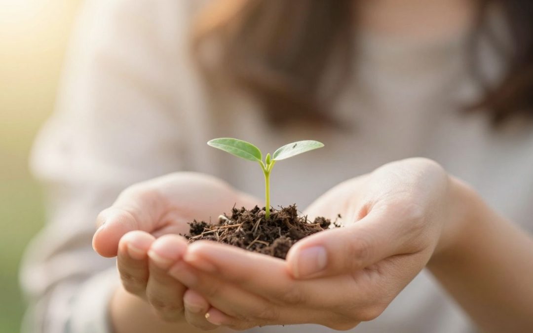 Woman holding a small plant seedling