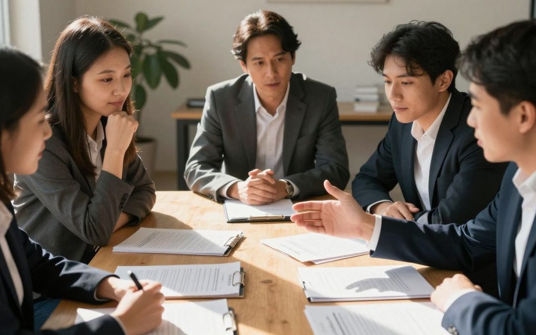 People discussing immigration legal documents with a lawyer.