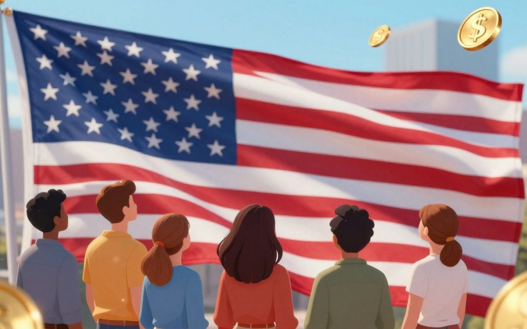 American flag with golden coins and diverse people.