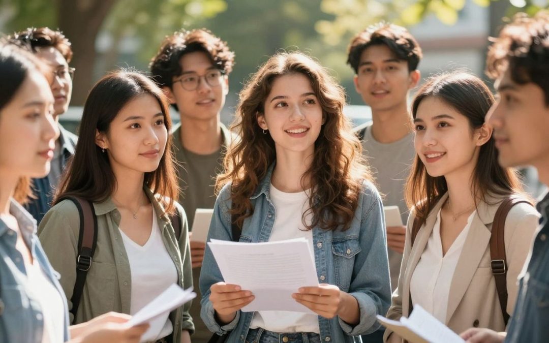 Diverse young adults with hopeful expressions, one holding a document.