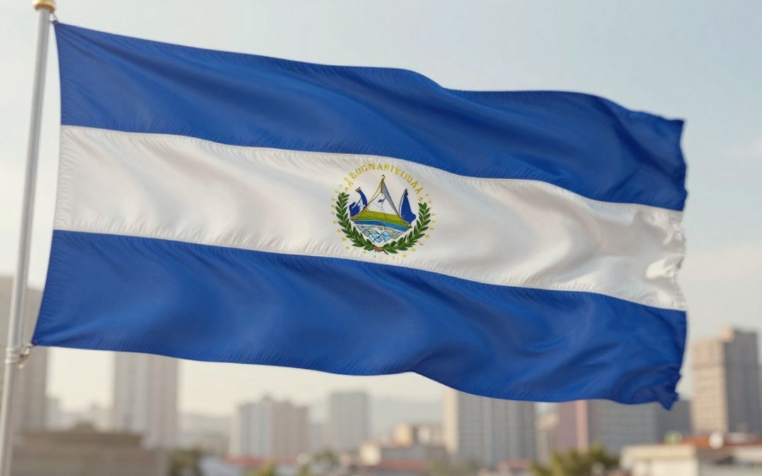 Salvadoran flag waving with a city skyline.