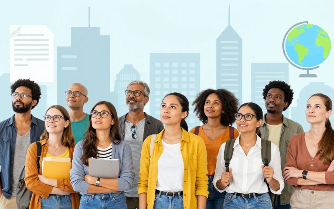 Personas mirando hacia el futuro con documentos de inmigración.